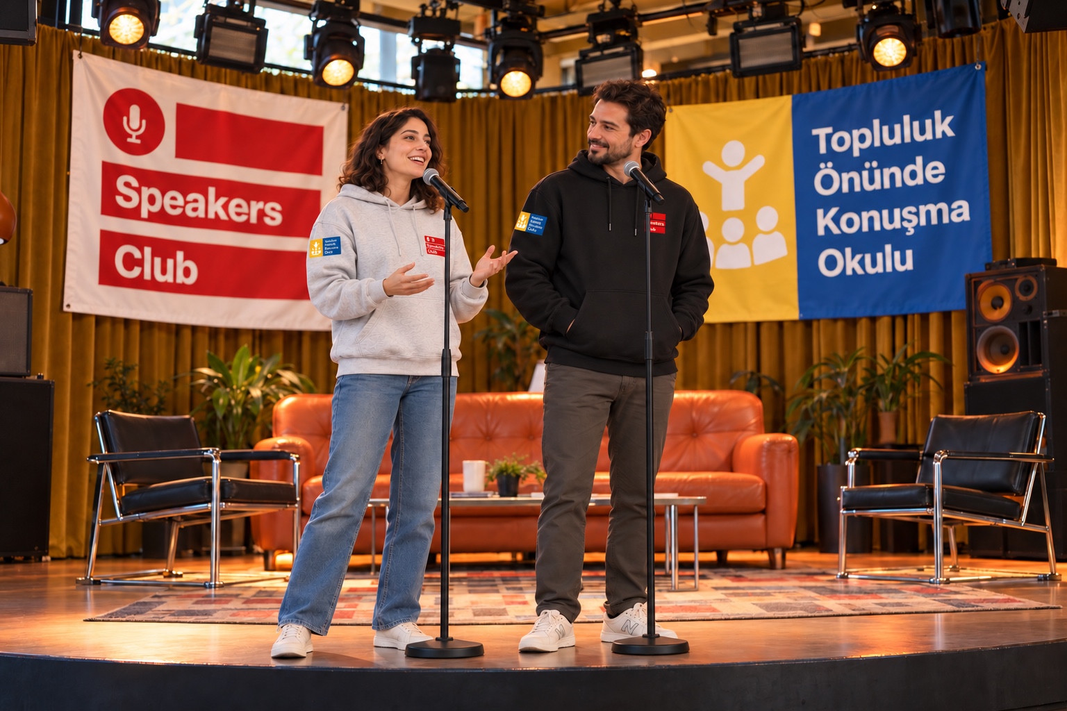 Speakers Club için konsept görsel: sahnede mikrofon başında bir kadın ve bir erkek, arkalarında iki kulüp ve okul afişi; gerçek bir etkinlik fotoğrafı değildir.